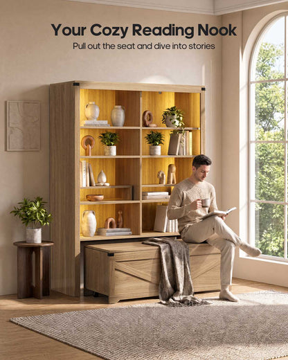 HAUOMS 70.9 Inch Tall Bookshelf with Rolling Storage Bench Multi-Functional 5-Tier Bookcase with Shelves and Large Storage for Living Room Home Office
