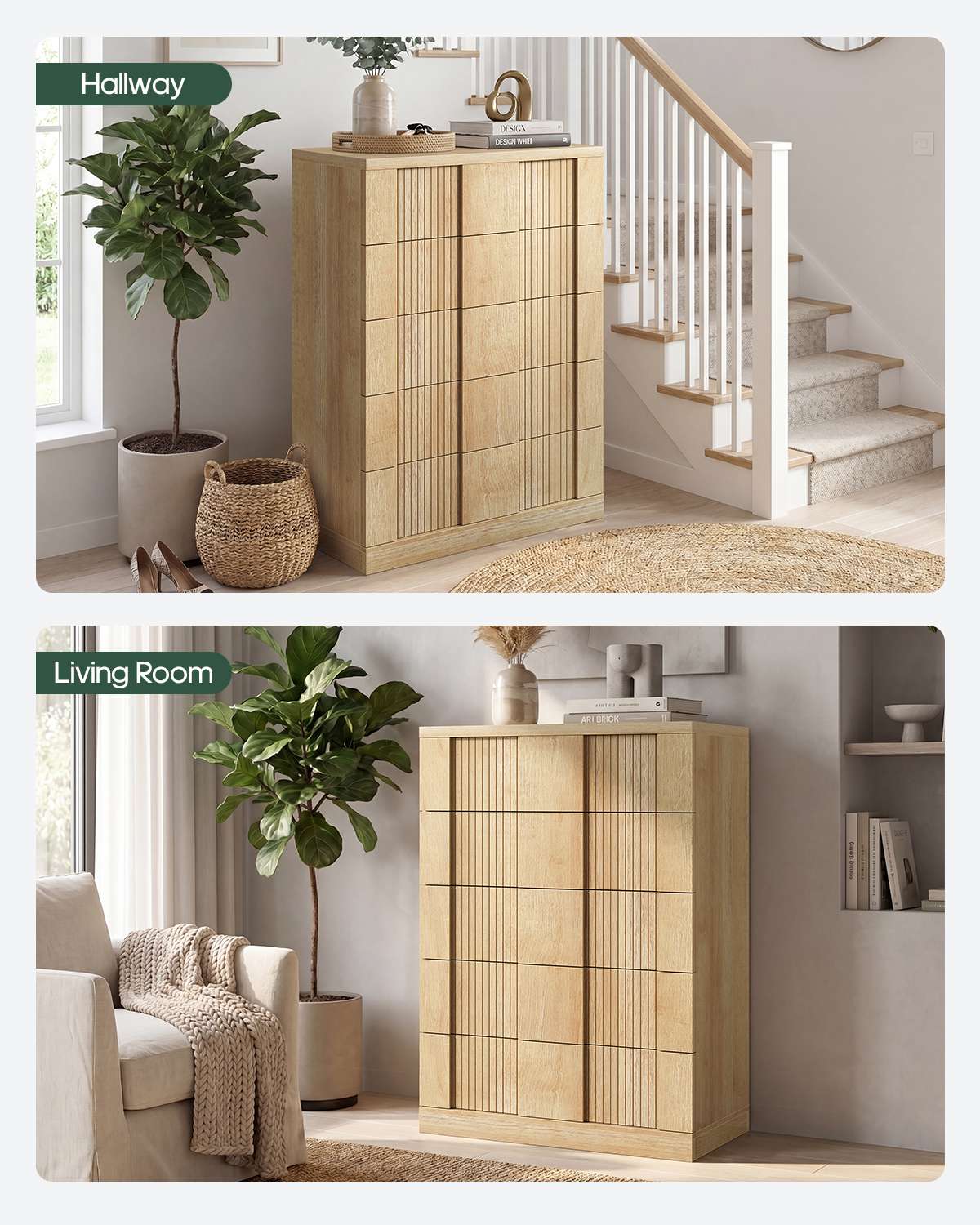HAUOMS 43.3 Tall Inch Dresser with 5 Drawer Fluted Wood Chest Storage Cabinet for Living Room Hallway Entryway Home Office