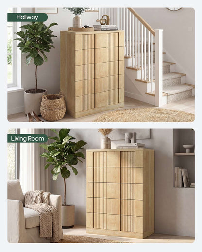 HAUOMS 43.3 Tall Inch Dresser with 5 Drawer Fluted Wood Chest Storage Cabinet for Living Room Hallway Entryway Home Office