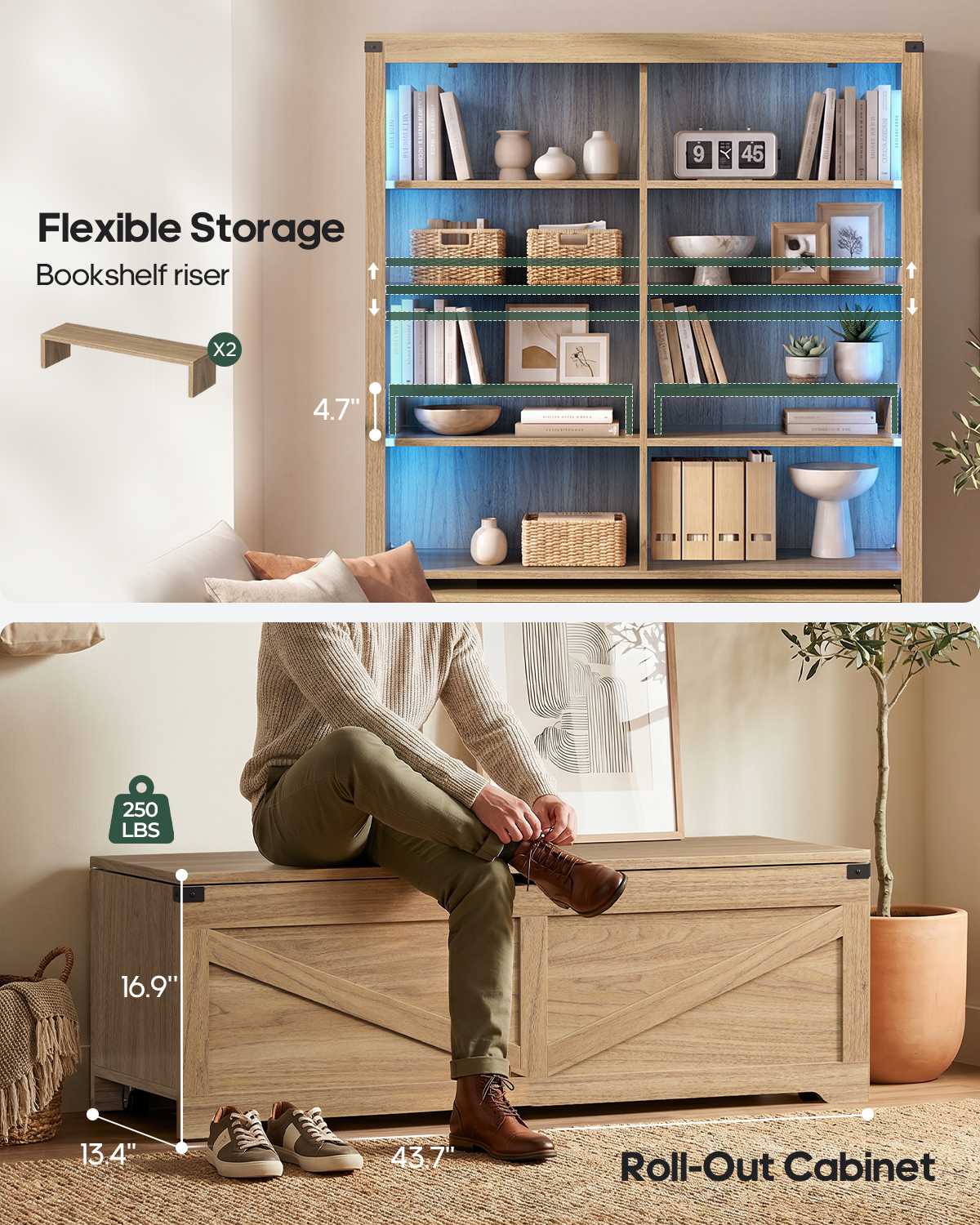 HAUOMS 70.9 Inch Tall Bookshelf with Rolling Storage Bench Multi-Functional 5-Tier Bookcase with Shelves and Large Storage for Living Room Home Office