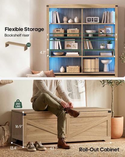 HAUOMS 70.9 Inch Tall Bookshelf with Rolling Storage Bench Multi-Functional 5-Tier Bookcase with Shelves and Large Storage for Living Room Home Office