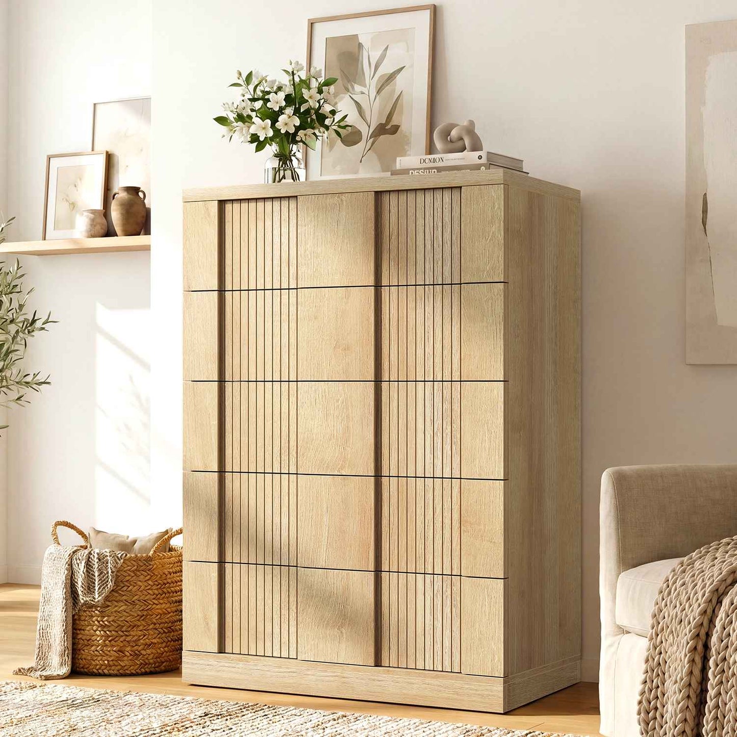 HAUOMS 43.3 Tall Inch Dresser with 5 Drawer Fluted Wood Chest Storage Cabinet for Living Room Hallway Entryway Home Office
