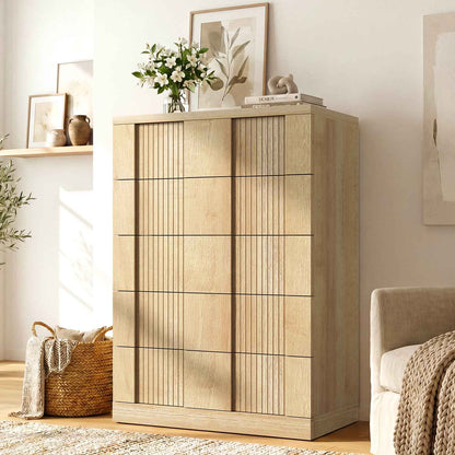 HAUOMS 43.3 Tall Inch Dresser with 5 Drawer Fluted Wood Chest Storage Cabinet for Living Room Hallway Entryway Home Office