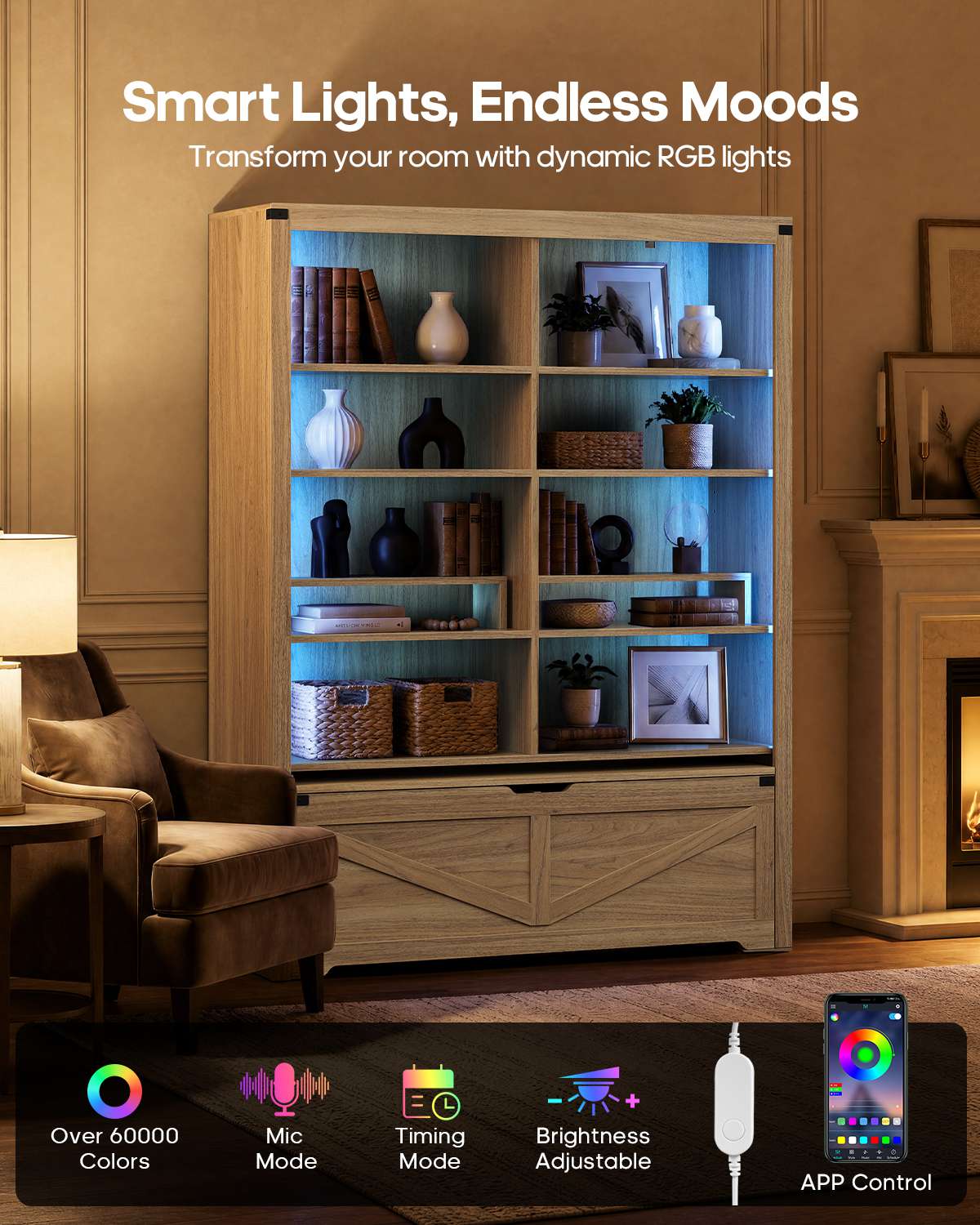 HAUOMS 70.9 Inch Tall Bookshelf with Rolling Storage Bench Multi-Functional 5-Tier Bookcase with Shelves and Large Storage for Living Room Home Office