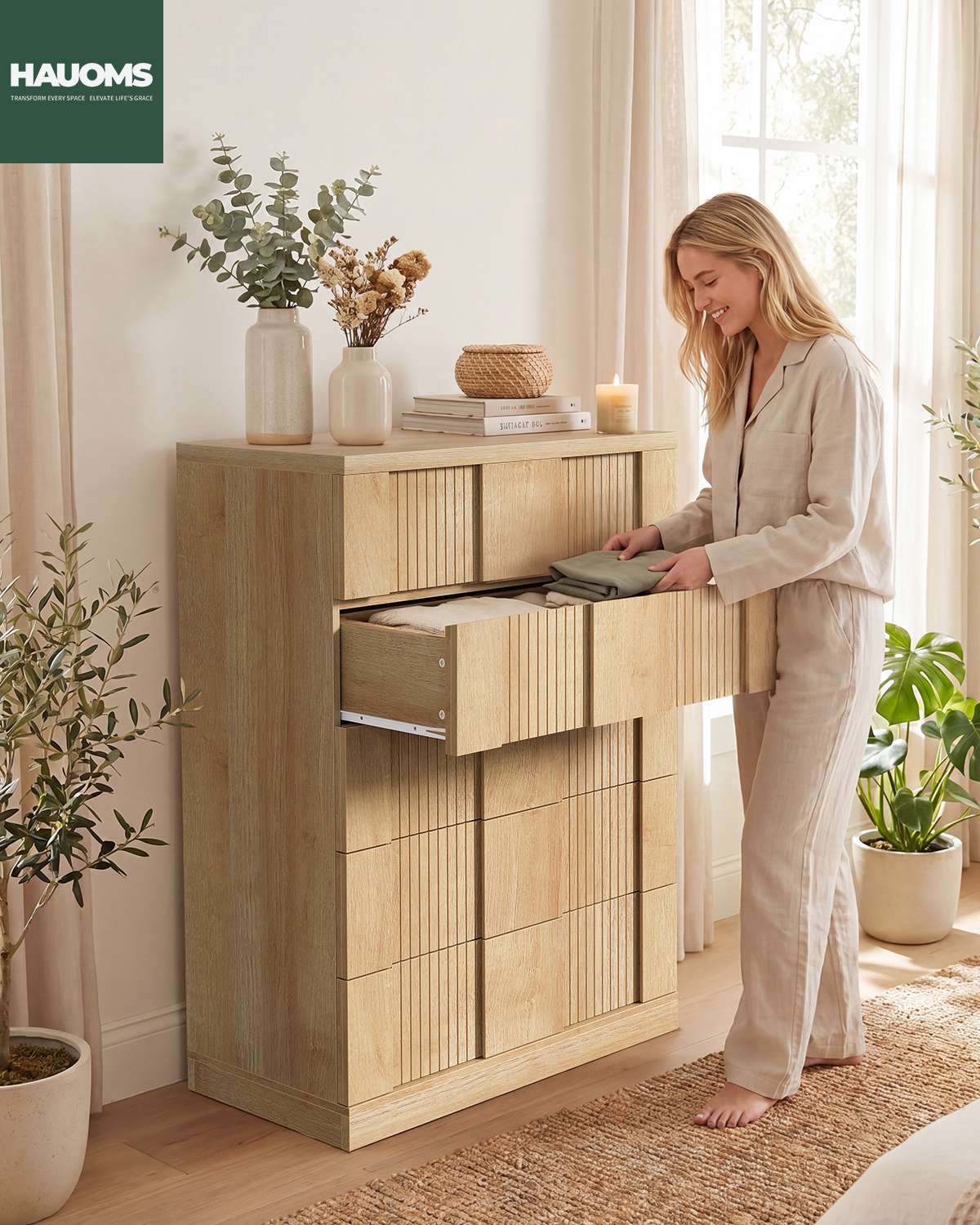 HAUOMS 43.3 Tall Inch Dresser with 5 Drawer Fluted Wood Chest Storage Cabinet for Living Room Hallway Entryway Home Office