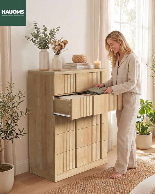 HAUOMS 43.3 Tall Inch Dresser with 5 Drawer Fluted Wood Chest Storage Cabinet for Living Room Hallway Entryway Home Office