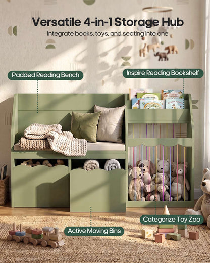HAUOMS 50 Inch Bookshelf with Reading Nook and Toy Storage Organizer 4-in-1 Kids Bookcase with Padded Bench and 2 Removable Bins for Living Room