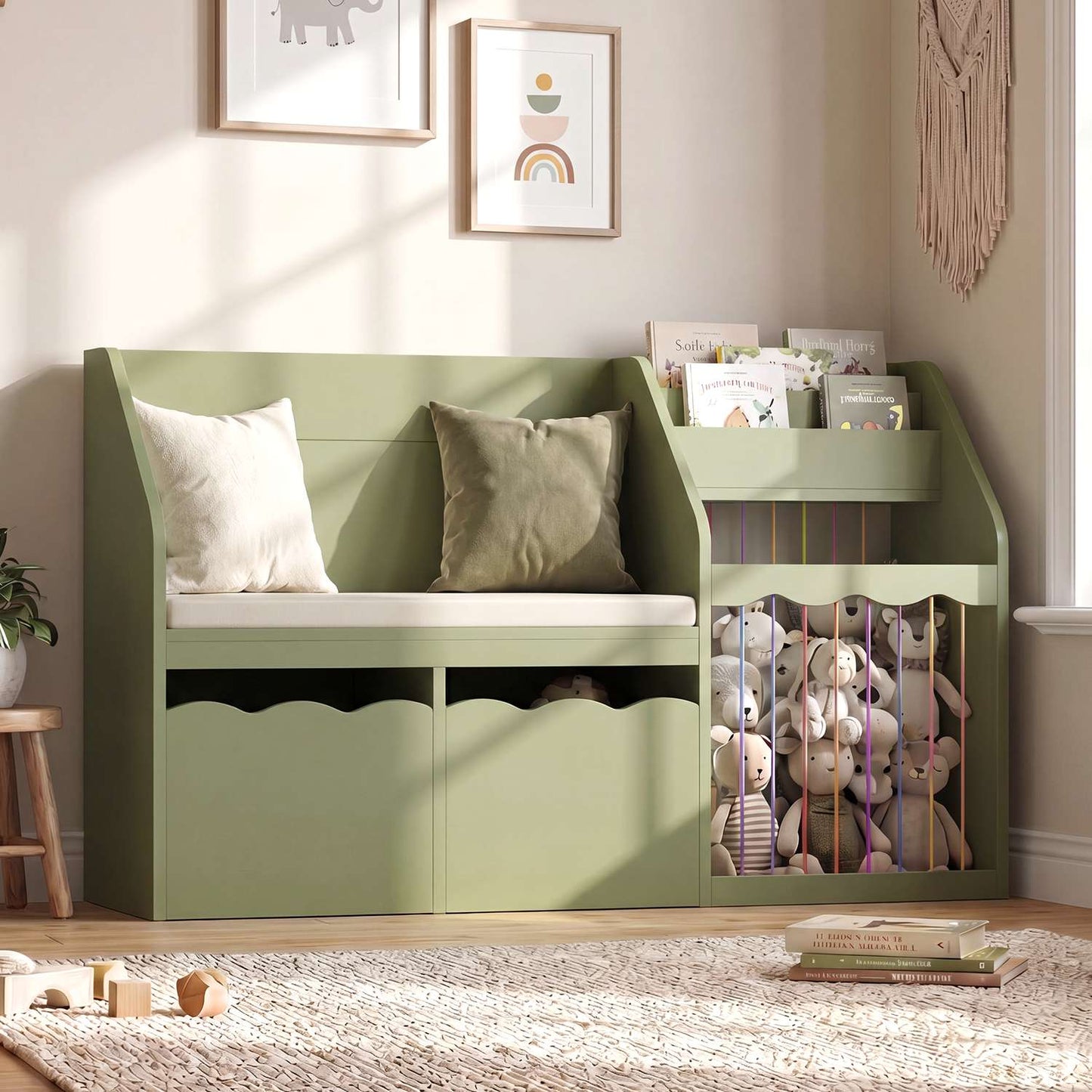 HAUOMS 50 Inch Bookshelf with Reading Nook and Toy Storage Organizer 4-in-1 Kids Bookcase with Padded Bench and 2 Removable Bins for Living Room