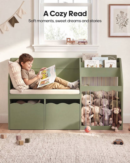 HAUOMS 50 Inch Bookshelf with Reading Nook and Toy Storage Organizer 4-in-1 Kids Bookcase with Padded Bench and 2 Removable Bins for Living Room