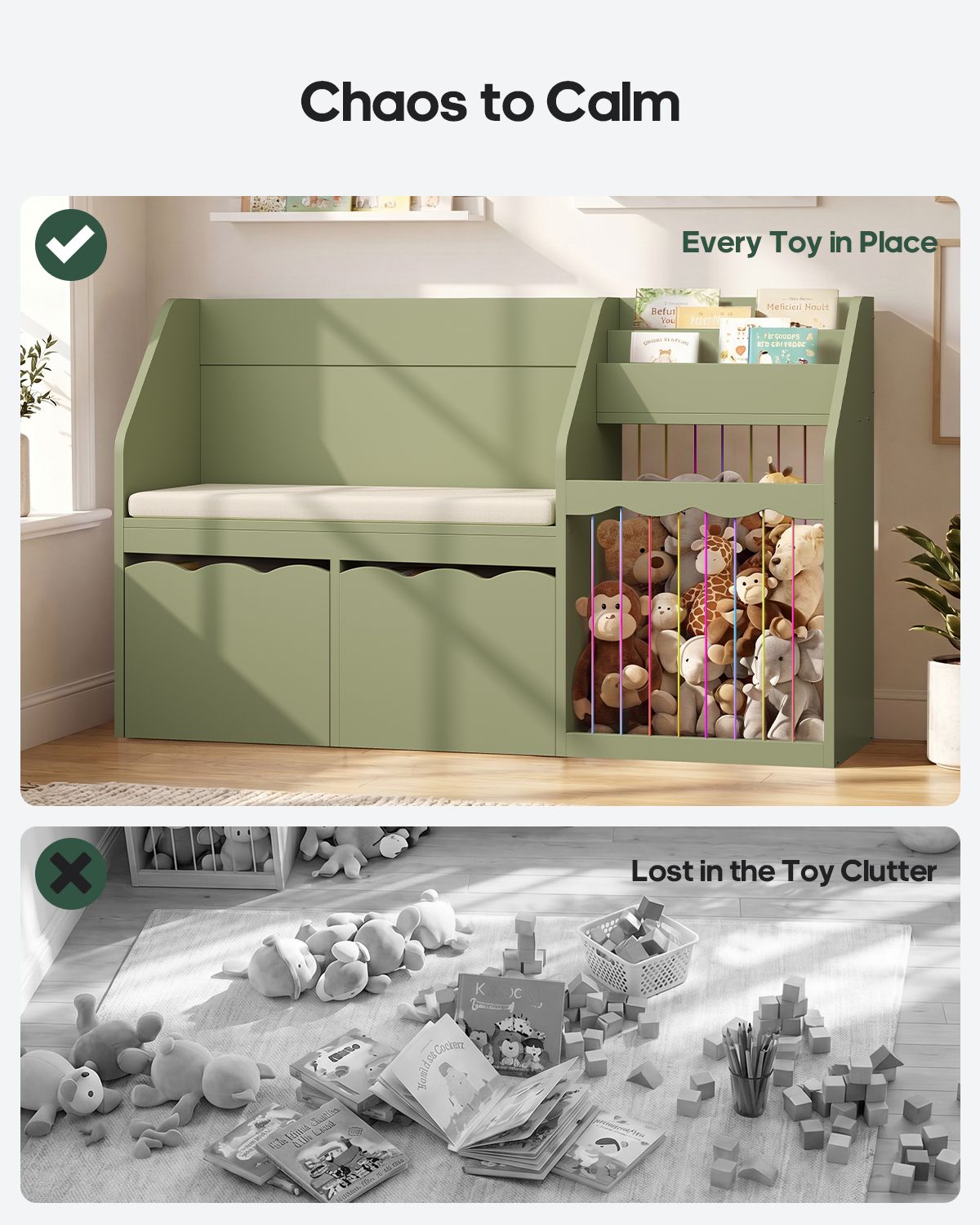 HAUOMS 50 Inch Bookshelf with Reading Nook and Toy Storage Organizer 4-in-1 Kids Bookcase with Padded Bench and 2 Removable Bins for Living Room