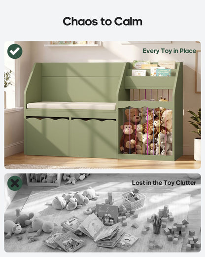 HAUOMS 50 Inch Bookshelf with Reading Nook and Toy Storage Organizer 4-in-1 Kids Bookcase with Padded Bench and 2 Removable Bins for Living Room