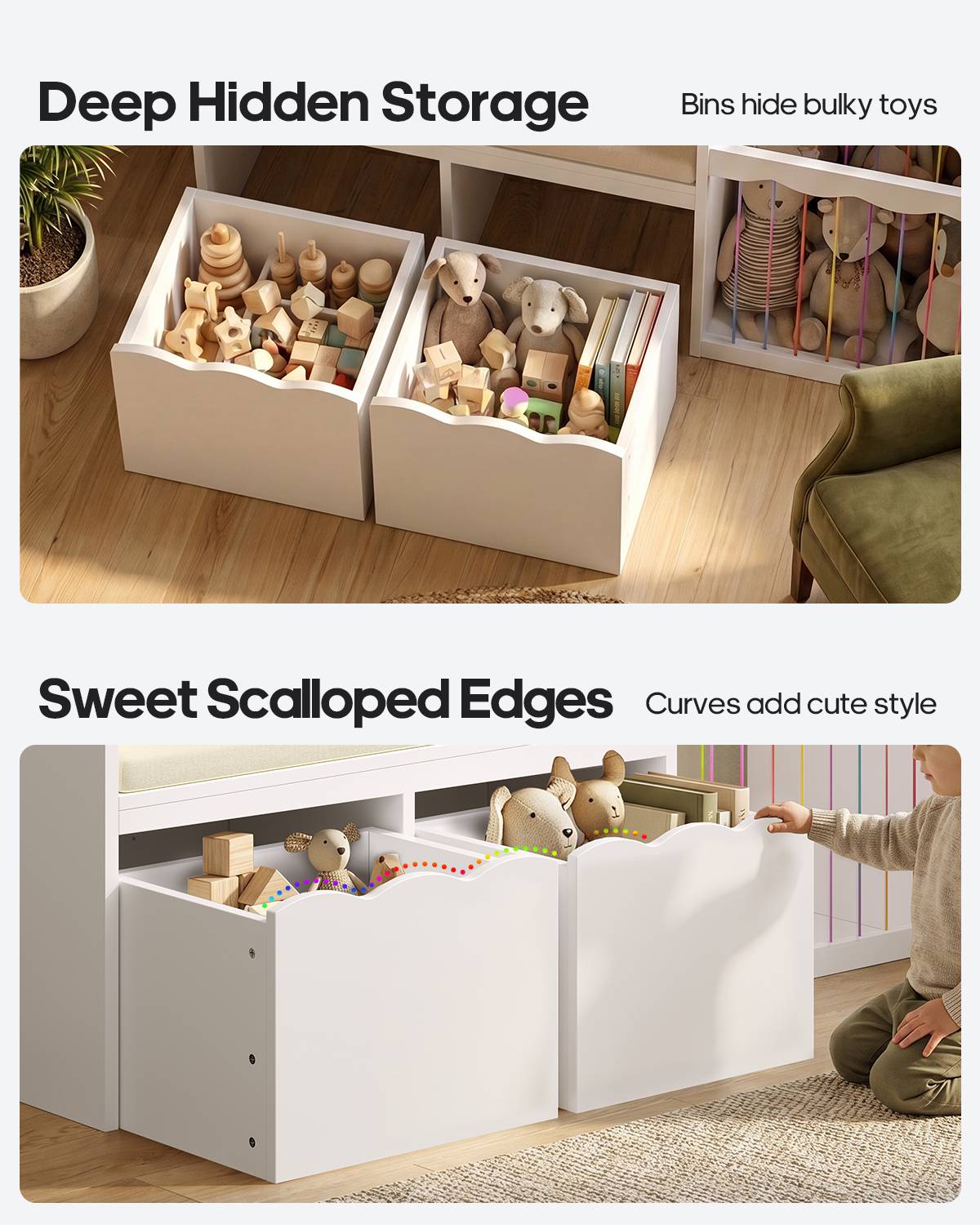 HAUOMS 50 Inch Bookshelf with Reading Nook and Toy Storage Organizer 4-in-1 Kids Bookcase with Padded Bench and 2 Removable Bins for Living Room