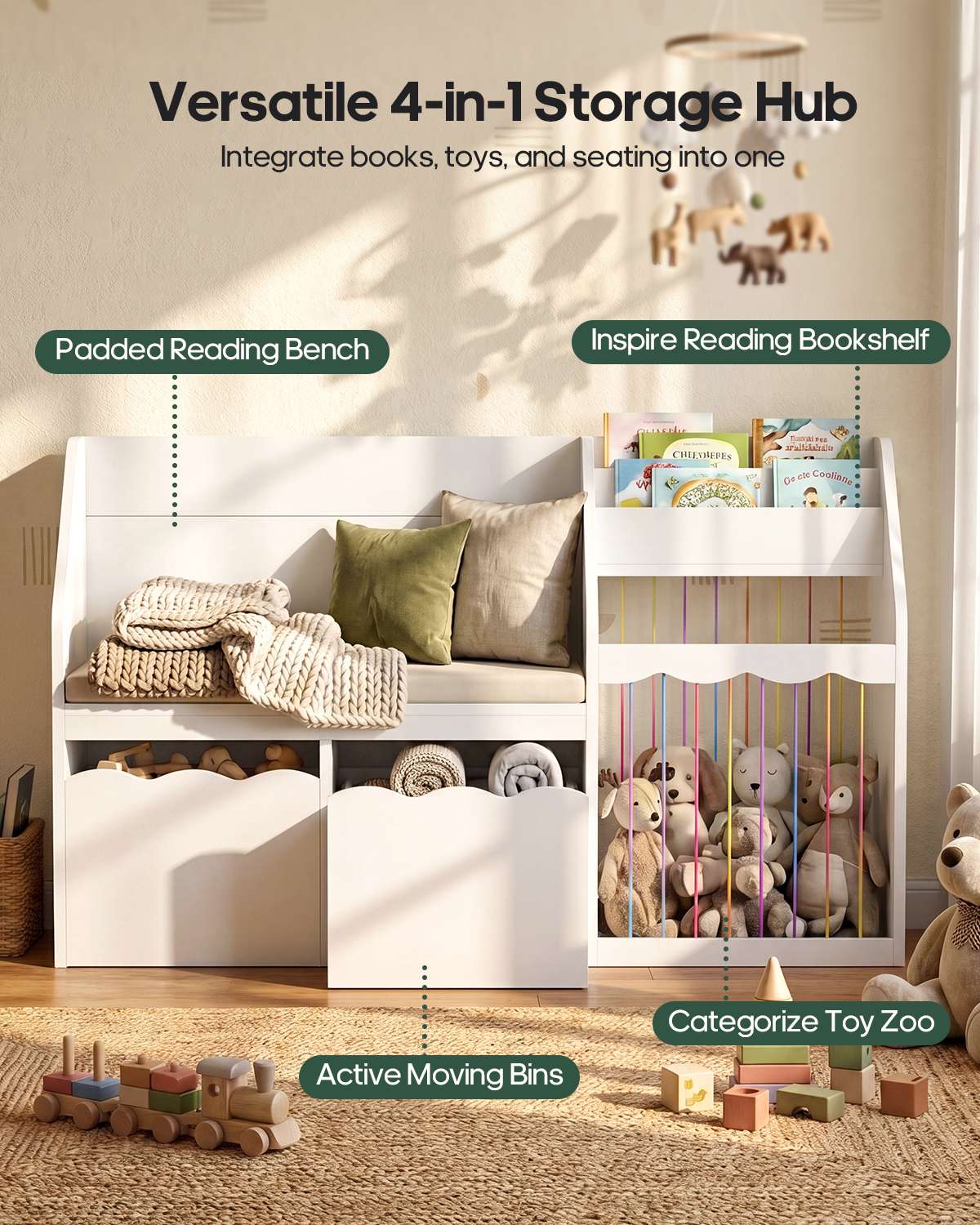 HAUOMS 50 Inch Bookshelf with Reading Nook and Toy Storage Organizer 4-in-1 Kids Bookcase with Padded Bench and 2 Removable Bins for Living Room
