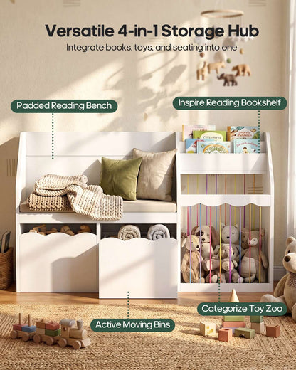 HAUOMS 50 Inch Bookshelf with Reading Nook and Toy Storage Organizer 4-in-1 Kids Bookcase with Padded Bench and 2 Removable Bins for Living Room