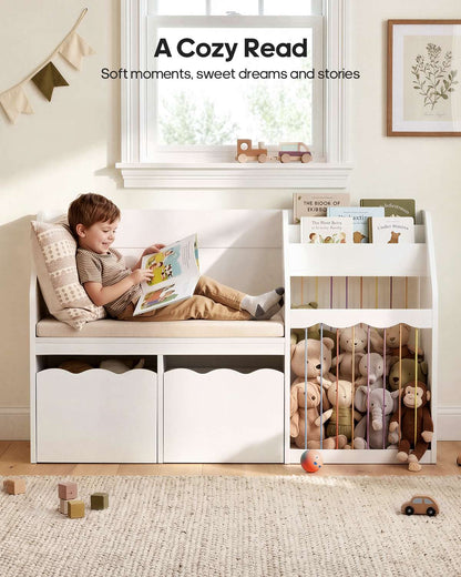 HAUOMS 50 Inch Bookshelf with Reading Nook and Toy Storage Organizer 4-in-1 Kids Bookcase with Padded Bench and 2 Removable Bins for Living Room