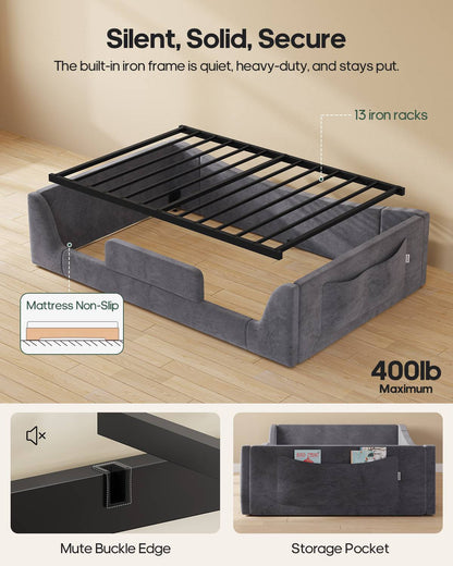 HAUOMS Twin Floor Bed with Slats and High Rails Upholstered  2-in-1 Beds with Teddy Boucle Curve Round Frame for Girls and Boys