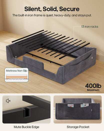 HAUOMS Twin Floor Bed with Slats and High Rails Upholstered  2-in-1 Beds with Teddy Boucle Curve Round Frame for Girls and Boys