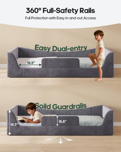 HAUOMS Twin Floor Bed with Slats and High Rails Upholstered  2-in-1 Beds with Teddy Boucle Curve Round Frame for Girls and Boys
