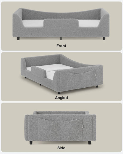HAUOMS Twin Floor Bed with Slats and High Rails Upholstered  2-in-1 Beds with Teddy Boucle Curve Round Frame for Girls and Boys
