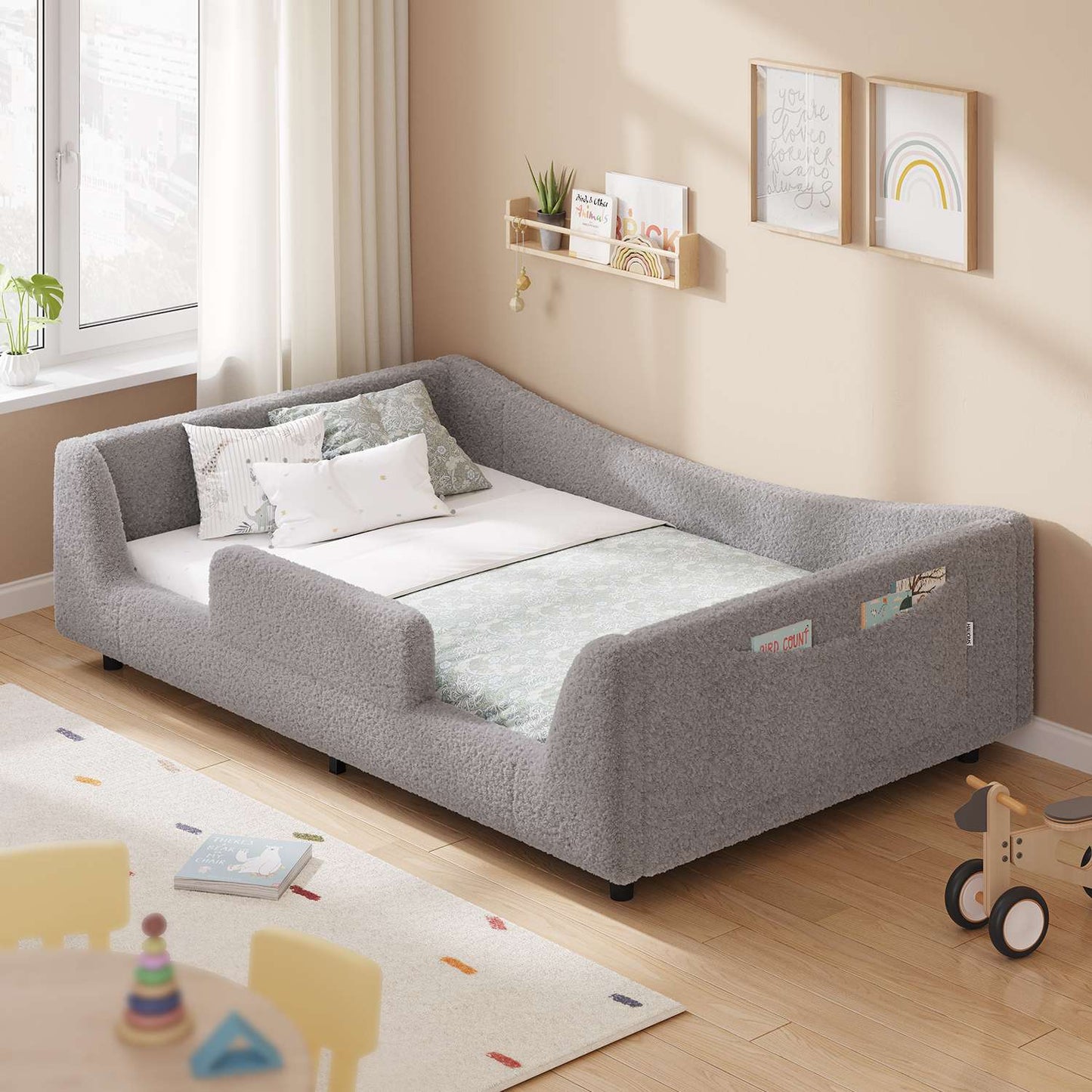 HAUOMS Twin Floor Bed with Slats and High Rails Upholstered  2-in-1 Beds with Teddy Boucle Curve Round Frame for Girls and Boys