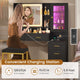 HAUOMS Makeup Vanity with Upholstered Stool and 5 Drawers Vanity Desk with Mirror and RGB Lights Vanity Table Set with Jewelry Storage and Shelves