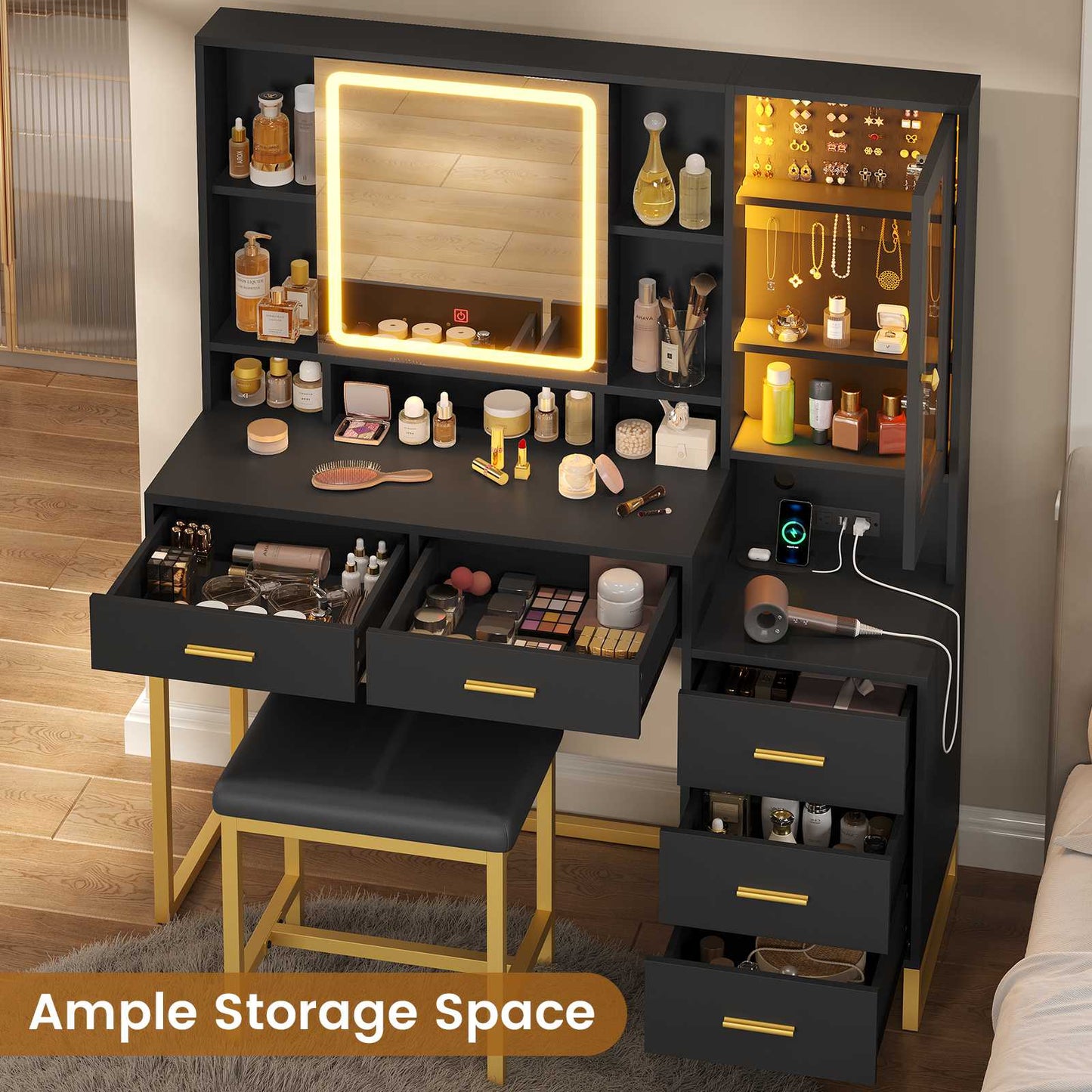 HAUOMS Makeup Vanity with Upholstered Stool and 5 Drawers Vanity Desk with Mirror and RGB Lights Vanity Table Set with Jewelry Storage and Shelves