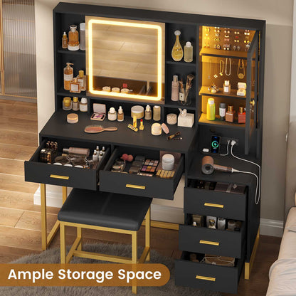 HAUOMS Makeup Vanity with Upholstered Stool and 5 Drawers Vanity Desk with Mirror and RGB Lights Vanity Table Set with Jewelry Storage and Shelves