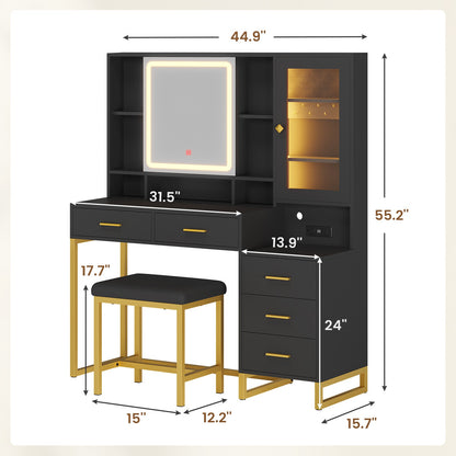HAUOMS Makeup Vanity with Upholstered Stool and 5 Drawers Vanity Desk with Mirror and RGB Lights Vanity Table Set with Jewelry Storage and Shelves