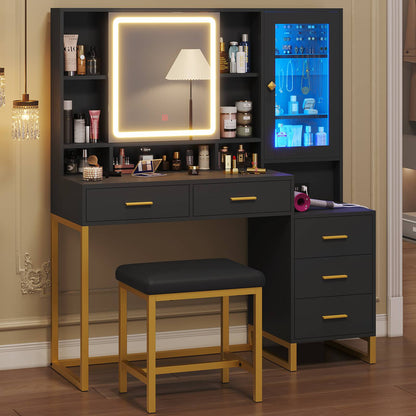 HAUOMS Makeup Vanity with Upholstered Stool and 5 Drawers Vanity Desk with Mirror and RGB Lights Vanity Table Set with Jewelry Storage and Shelves