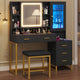 HAUOMS Makeup Vanity with Upholstered Stool and 5 Drawers Vanity Desk with Mirror and RGB Lights Vanity Table Set with Jewelry Storage and Shelves