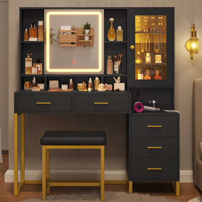 HAUOMS Makeup Vanity with Upholstered Stool and 5 Drawers Vanity Desk with Mirror and RGB Lights Vanity Table Set with Jewelry Storage and Shelves