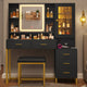 HAUOMS Makeup Vanity with Upholstered Stool and 5 Drawers Vanity Desk with Mirror and RGB Lights Vanity Table Set with Jewelry Storage and Shelves