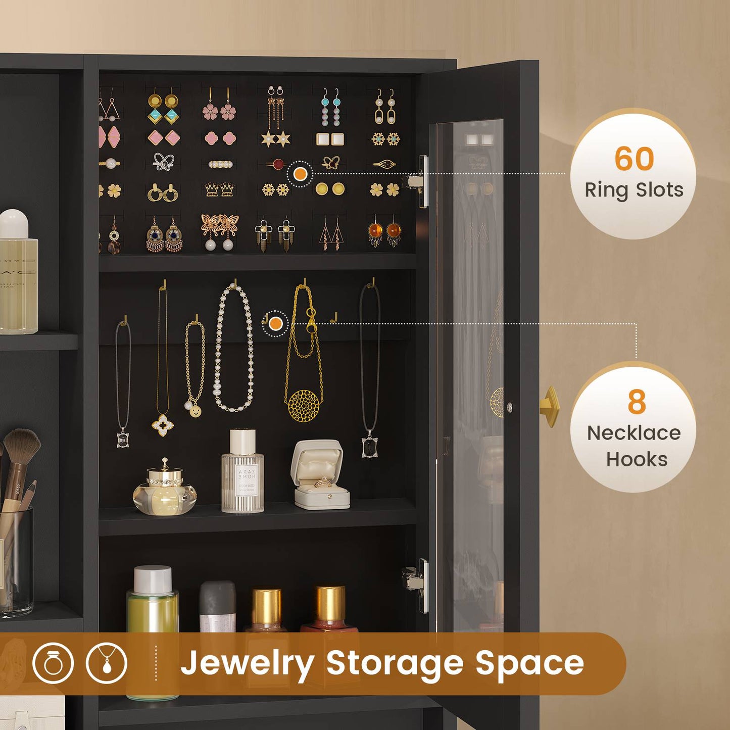 HAUOMS Makeup Vanity with Upholstered Stool and 5 Drawers Vanity Desk with Mirror and RGB Lights Vanity Table Set with Jewelry Storage and Shelves
