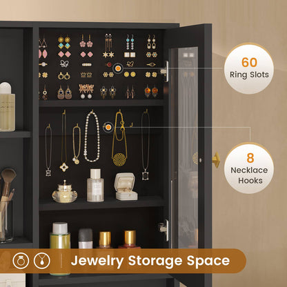 HAUOMS Makeup Vanity with Upholstered Stool and 5 Drawers Vanity Desk with Mirror and RGB Lights Vanity Table Set with Jewelry Storage and Shelves