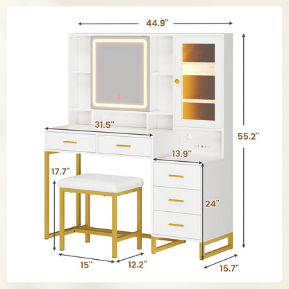 HAUOMS Makeup Vanity with Upholstered Stool and 5 Drawers Vanity Desk with Mirror and RGB Lights Vanity Table Set with Jewelry Storage and Shelves