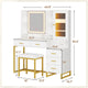 HAUOMS Makeup Vanity with Upholstered Stool and 5 Drawers Vanity Desk with Mirror and RGB Lights Vanity Table Set with Jewelry Storage and Shelves