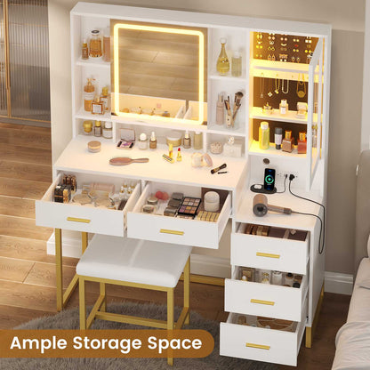 HAUOMS Makeup Vanity with Upholstered Stool and 5 Drawers Vanity Desk with Mirror and RGB Lights Vanity Table Set with Jewelry Storage and Shelves