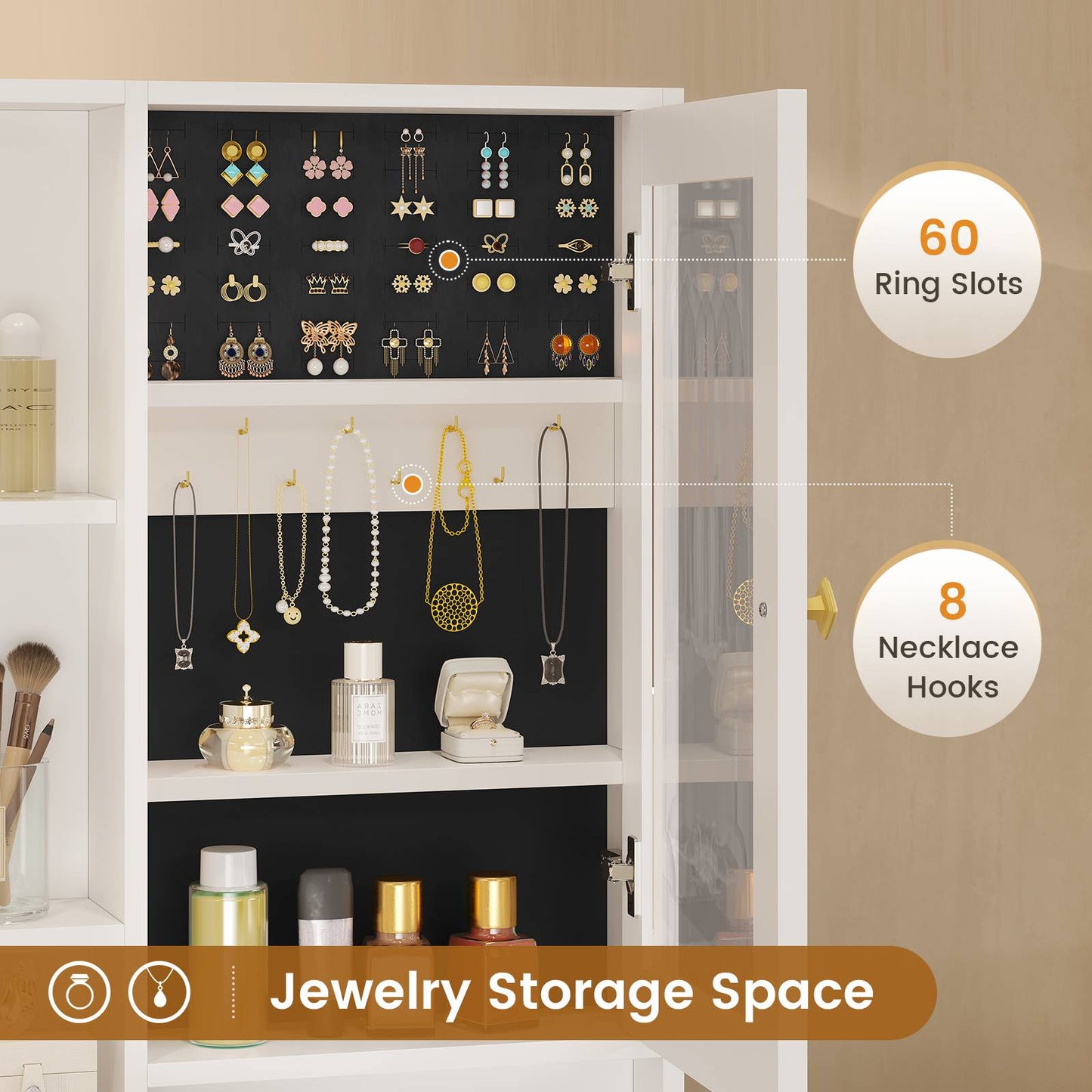 HAUOMS Makeup Vanity with Upholstered Stool and 5 Drawers Vanity Desk with Mirror and RGB Lights Vanity Table Set with Jewelry Storage and Shelves