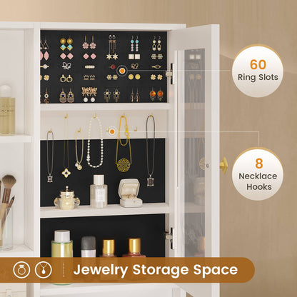 HAUOMS Makeup Vanity with Upholstered Stool and 5 Drawers Vanity Desk with Mirror and RGB Lights Vanity Table Set with Jewelry Storage and Shelves