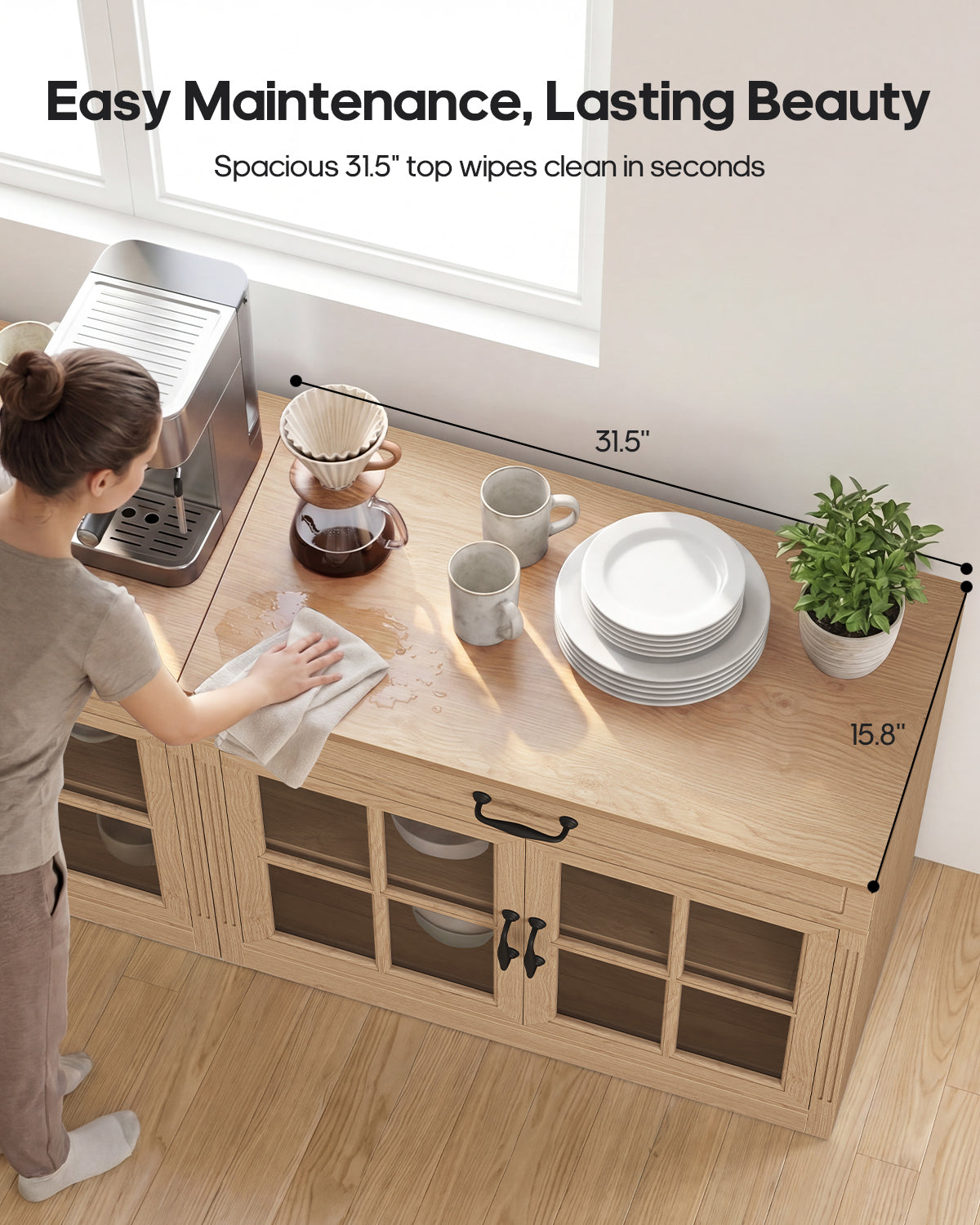 HAUOMS 31.5 Inch Coffee Bar Cabinet with Glass Doors and Drawer Modern Farmhouse Buffet with 3-Level Adjustable Shelf  Storage Console for Kitchen Living Room