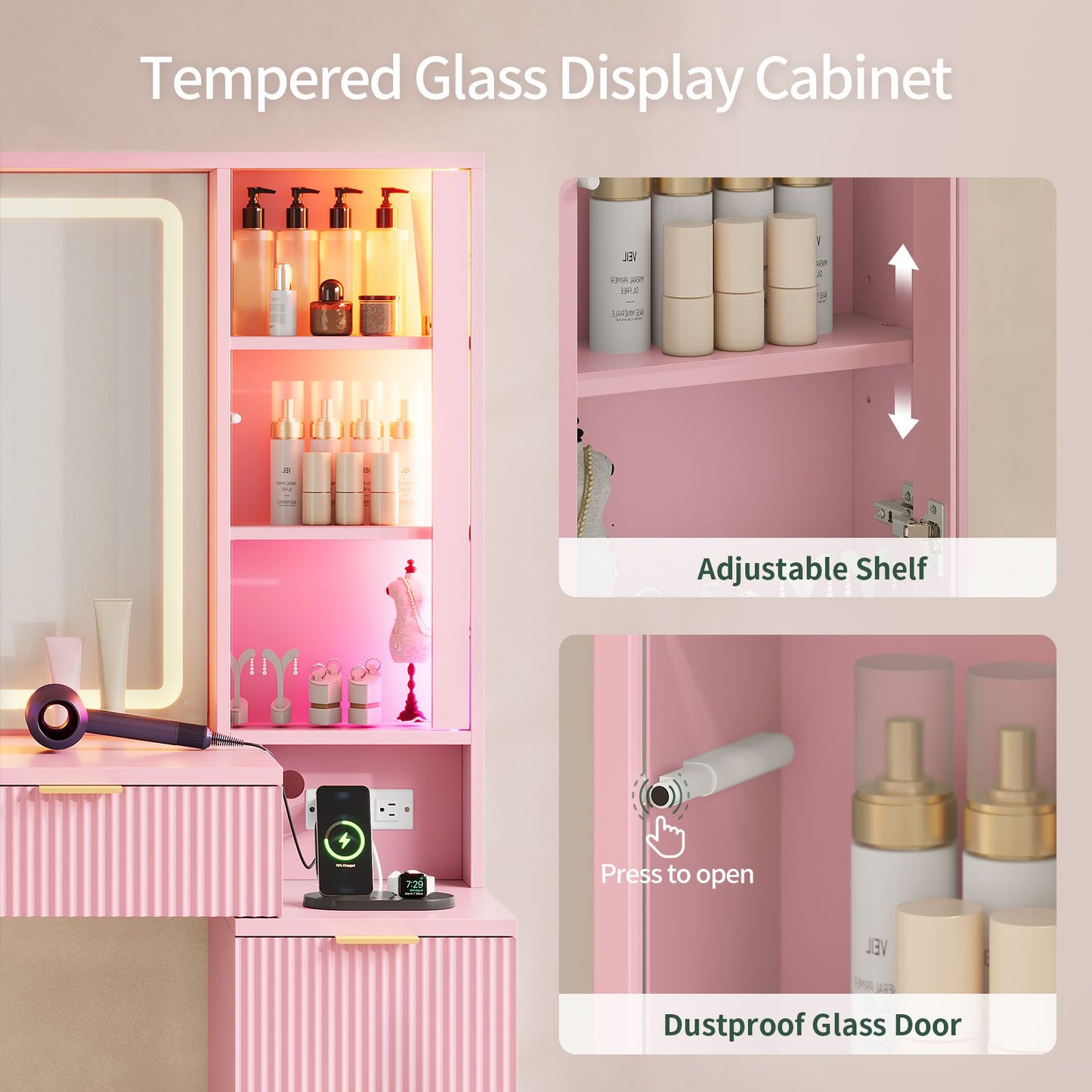 HAUOMS Vanity with 8 Drawers and Charging Station Fluted Makeup Vanity Desk with Mirror and LED Lights for Girls Women