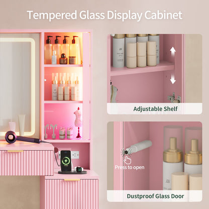 HAUOMS Vanity with 8 Drawers and Charging Station Fluted Makeup Vanity Desk with Mirror and LED Lights for Girls Women