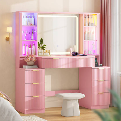 HAUOMS Vanity with 8 Drawers and Charging Station Fluted Makeup Vanity Desk with Mirror and LED Lights for Girls Women