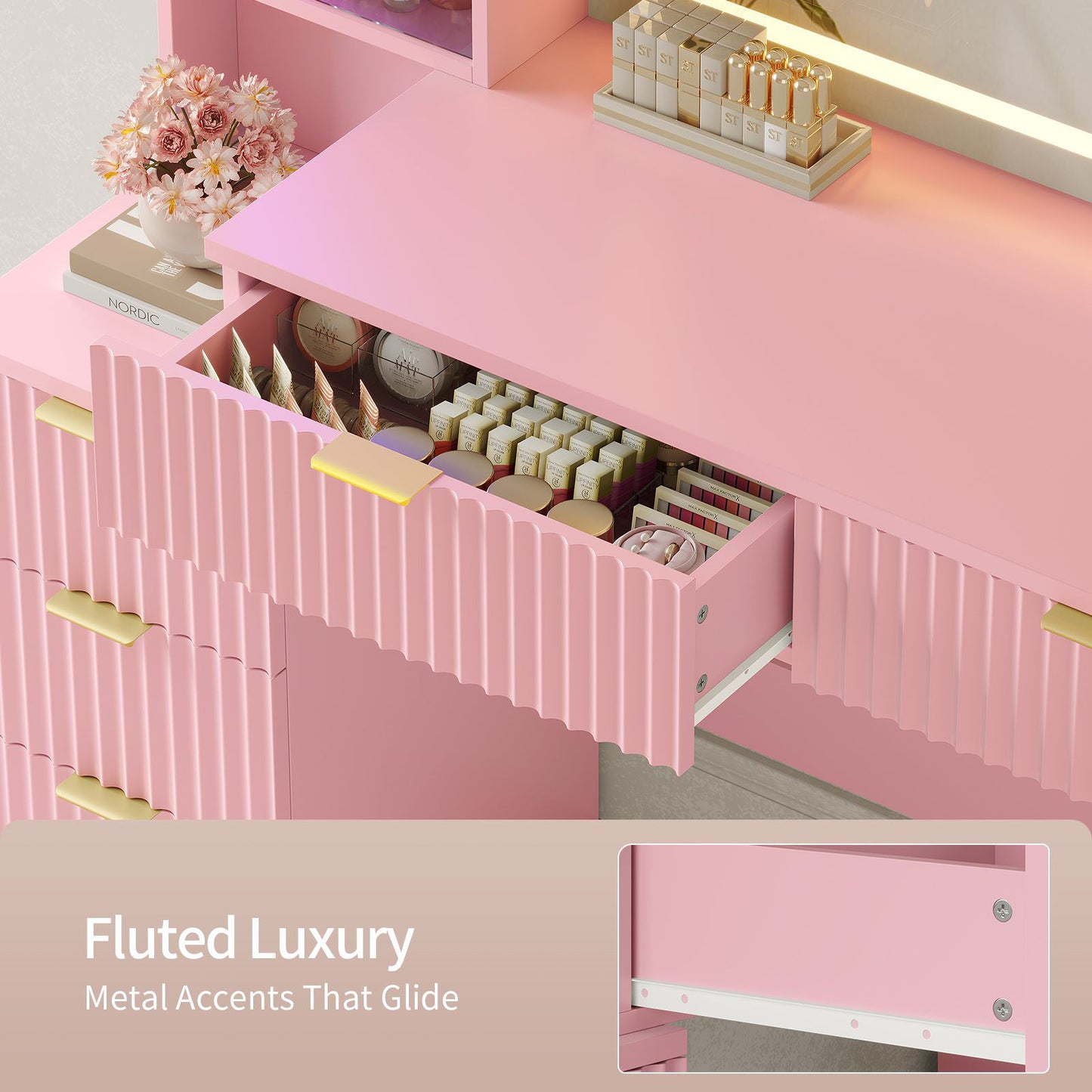 HAUOMS Vanity with 8 Drawers and Charging Station Fluted Makeup Vanity Desk with Mirror and LED Lights for Girls Women