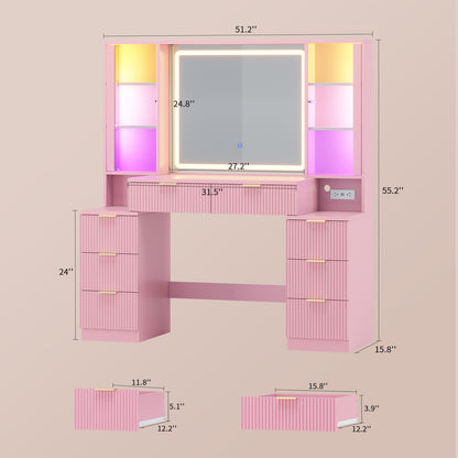 HAUOMS Vanity with 8 Drawers and Charging Station Fluted Makeup Vanity Desk with Mirror and LED Lights for Girls Women