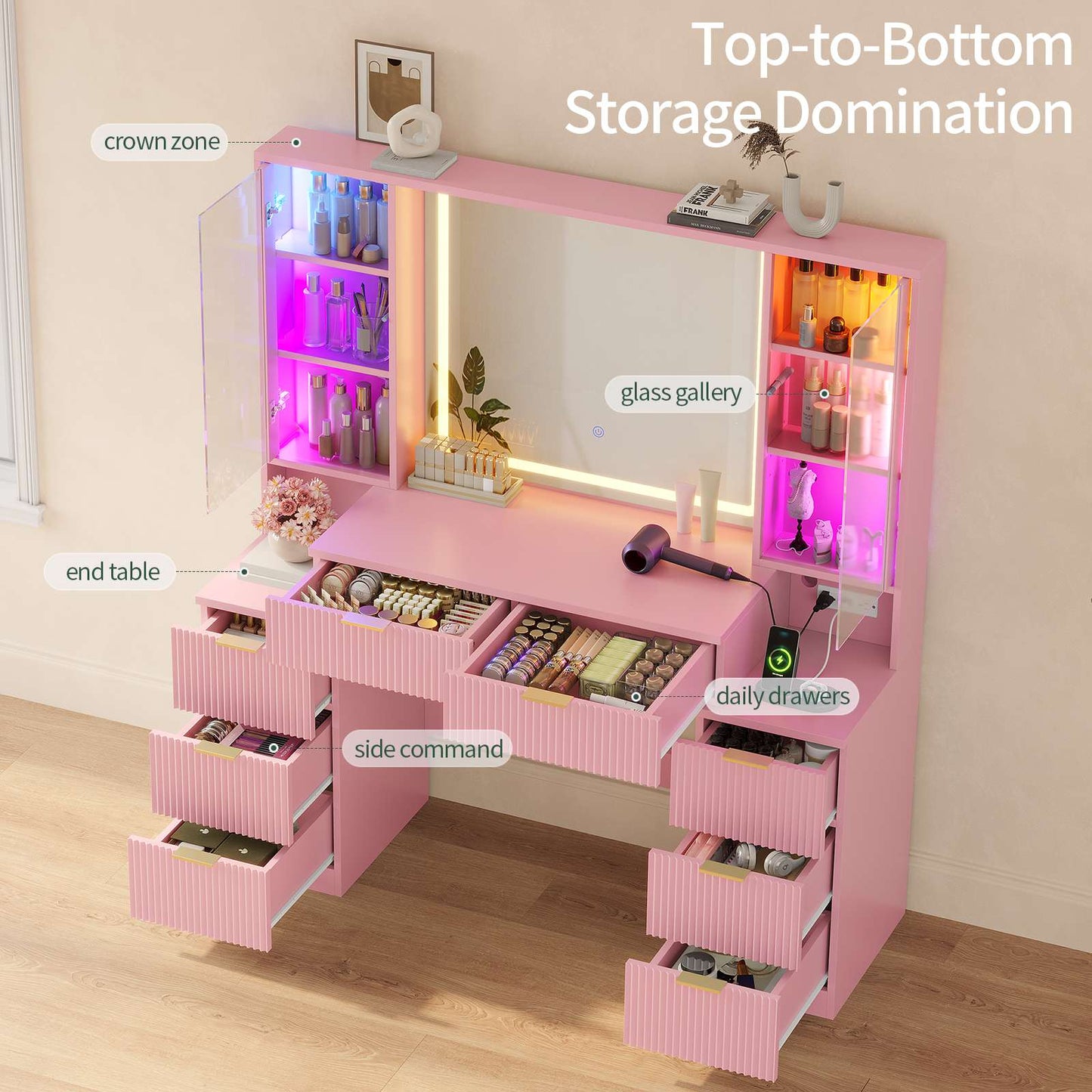 HAUOMS Vanity with 8 Drawers and Charging Station Fluted Makeup Vanity Desk with Mirror and LED Lights for Girls Women
