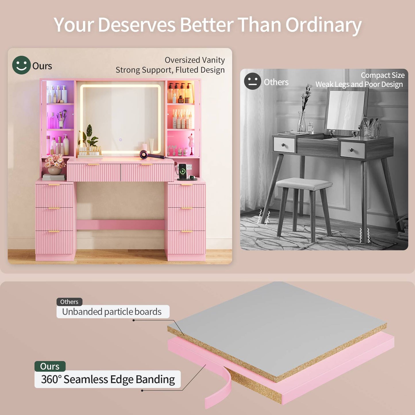 HAUOMS Vanity with 8 Drawers and Charging Station Fluted Makeup Vanity Desk with Mirror and LED Lights for Girls Women
