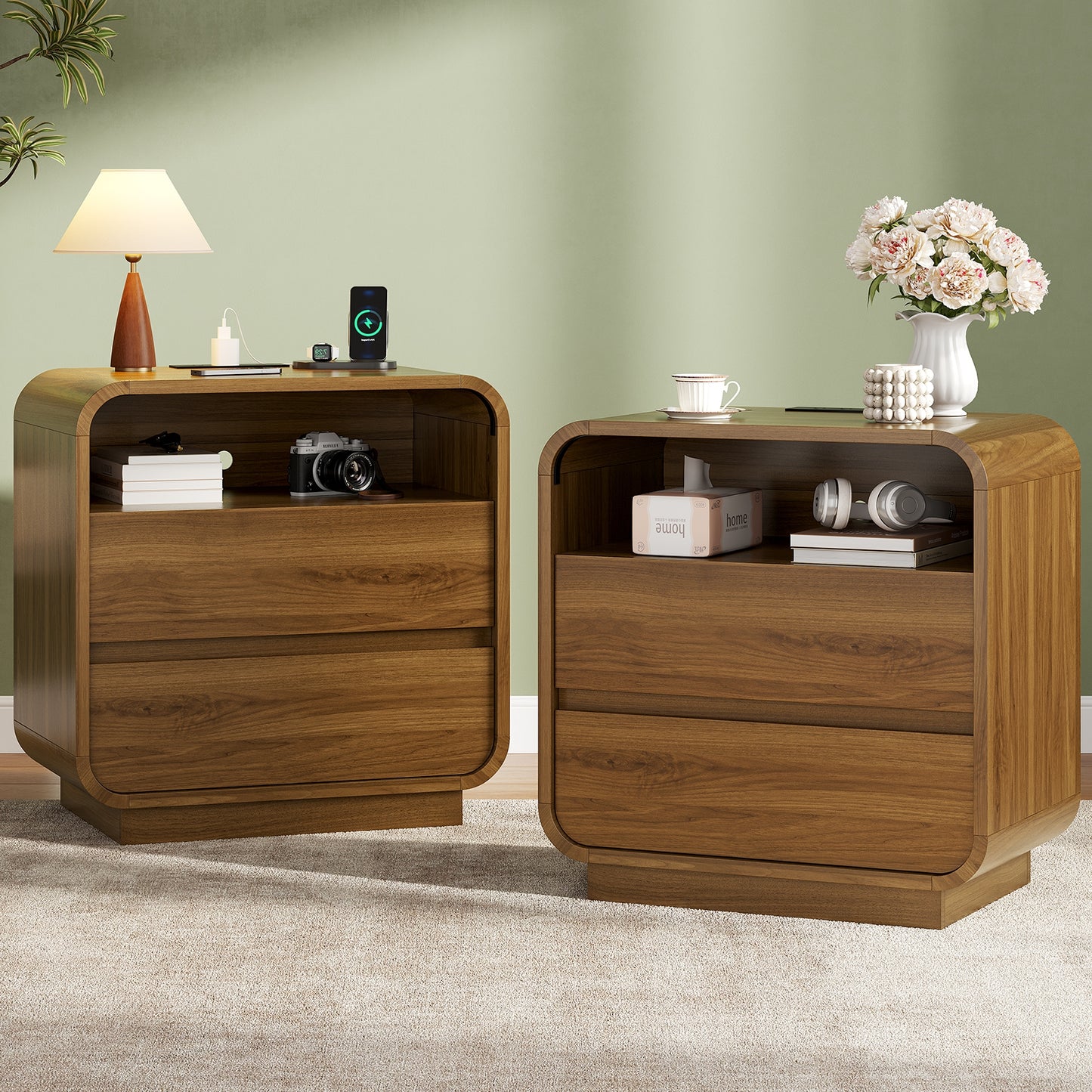 HAUOMS 25 Inch Tall Nightstand with Charging Station and 2 Storage Drawers Curved Modern Mid Century End Table for Bedroom Living Room