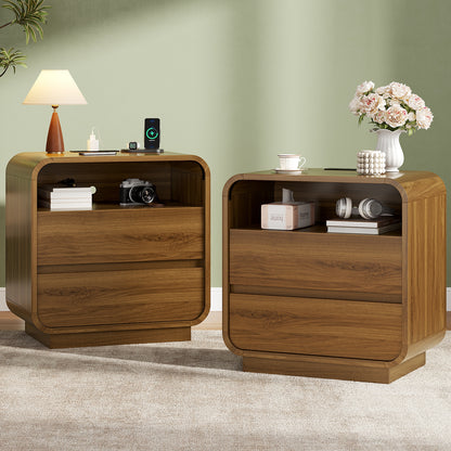 HAUOMS 25 Inch Tall Nightstand with Charging Station and 2 Storage Drawers Curved Modern Mid Century End Table for Bedroom Living Room