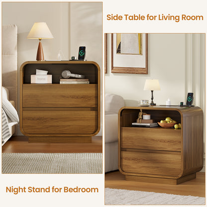HAUOMS 25 Inch Tall Nightstand with Charging Station and 2 Storage Drawers Curved Modern Mid Century End Table for Bedroom Living Room